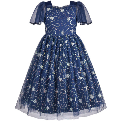 Girls Dress Blue Sequin Ruffle Collar Maxi Bow Tie Flare Short Sleeve Size 6-12 Years