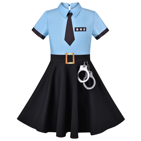 Girls Dress Halloween Pretend Police Uniform Necktie Short Sleeve Size 4-8 Years