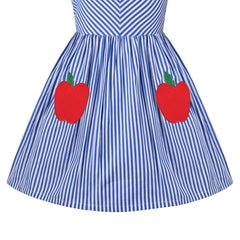 Girl Dress Sleeveless Blue Apple Embroidery Striped Sundress Size 4-10 Years