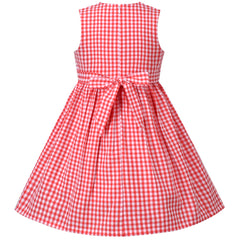 Girl Dress Cotton Red Plaid Check Embroidery Pocket Apple Sleeveless Size 4-10 Years