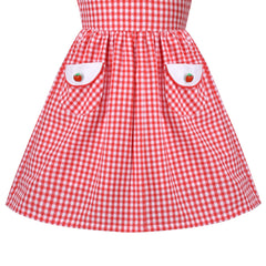 Girl Dress Cotton Red Plaid Check Embroidery Pocket Apple Sleeveless Size 4-10 Years