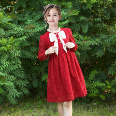 Girl Dress Red Floral Bow Tie Ruffle Collar Pearls Button Lace Christmas Size 6-12 Years