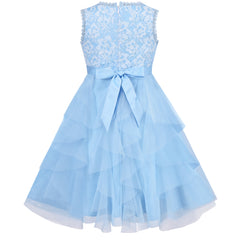 Girl Dress Blue Floral Ruffle Lace Wedding Princess Party Pageant Elegant Size 6-12 Years