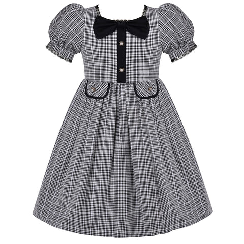 Girls Dress Black Plaid Check Bow Tie Square Neck Puff Short Sleeve Size 5-10 Years