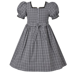 Girls Dress Black Plaid Check Bow Tie Square Neck Puff Short Sleeve Size 5-10 Years