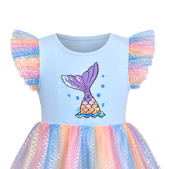 Girls Dress Blue Rainbow Mermaid Summer Sea Skirt Tutu Flutter Sleeve Size 4-8 Years