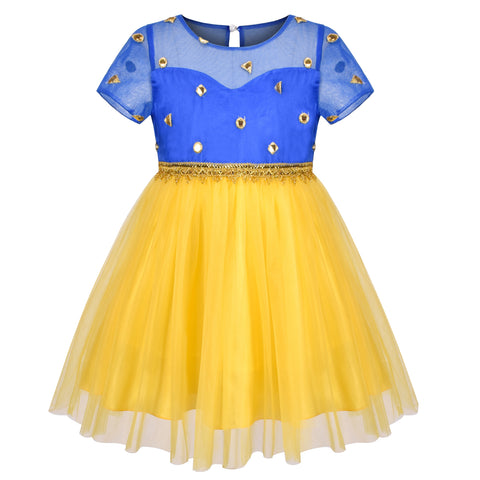 Girl Dress Yellow Blue Ethnic Pattu Pavadai Short Sleeve Size 6-12 Years