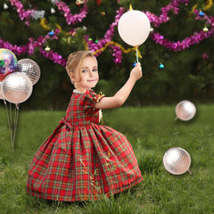 Girls Dress Red Plaid Check White Vintage Pearl Button Christmas Size 4-8 Years