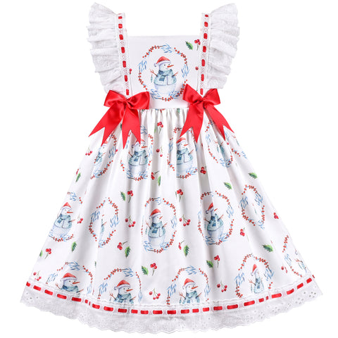 Girls Dress White Snowman Cherry Printed Bow Butterfly Lace Red White Size 4-8 Years