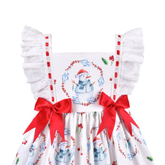 Girls Dress White Snowman Cherry Printed Bow Butterfly Lace Red White Size 4-8 Years