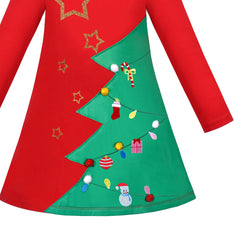 Girls Dress Red Green Tree Christmas Golden Star Snowman Gift Long Sleeve Size 4-8 Years