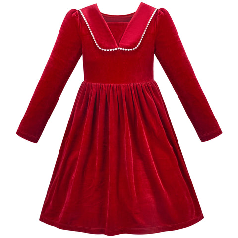 Girls Dress Red Christmas Pearl Collar Velvet Long Sleeve Pageant Party Size 6-12 Years