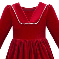 Girls Dress Red Christmas Pearl Collar Velvet Long Sleeve Pageant Party Size 6-12 Years