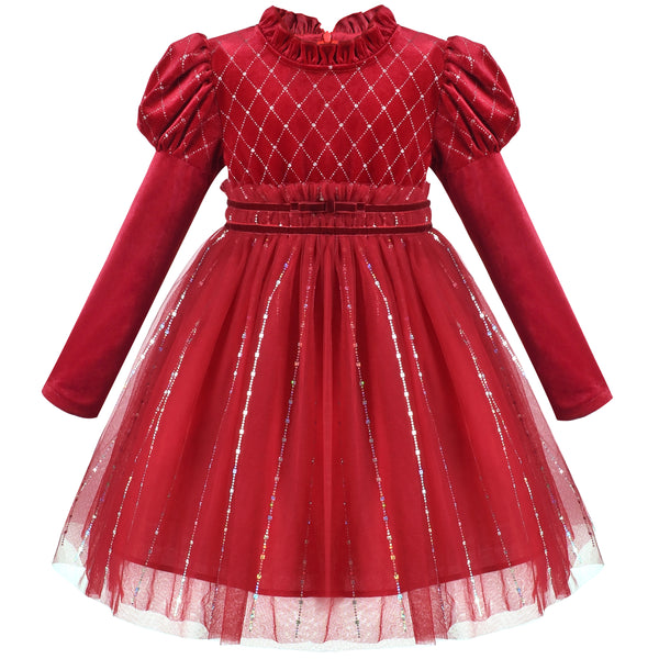 Girls Dress Rhinestone Ruffle Mock Collar Puff Sleeve