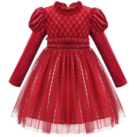 Girls Dress Red Rhinestone Ruffle Mock Collar Puff Sleeve Christmas Party Size 4-8 Years