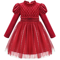 Girls Dress Rhinestone Ruffle Mock Collar Puff Sleeve Christmas Party Size 4-14 Years
