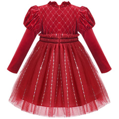 Girls Dress Rhinestone Ruffle Mock Collar Puff Sleeve Christmas Party Size 4-14 Years