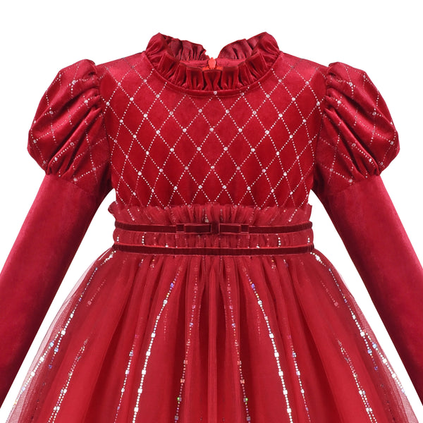 Girls Dress Rhinestone Ruffle Mock Collar Puff Sleeve