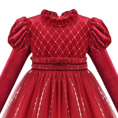 Girls Dress Red Rhinestone Ruffle Mock Collar Puff Sleeve Christmas Party Size 4-8 Years