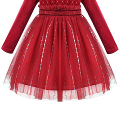 Girls Dress Red Rhinestone Ruffle Mock Collar Puff Sleeve Christmas Party Size 4-8 Years