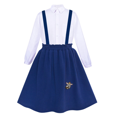 Girls White Shirt Suspender Set Blue School Uniform Casual Size 6-12 Years