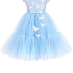 Girls Dress Blue Butterfly Embroidery Hollow Back Pearl Lined Size 6-12 Years