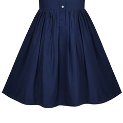 Girls Dress Navy Blue School Uniform Front Button Pearl Short Sleeve Size 4-8 Years