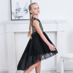 Girls Dress Black Sequin Mesh Hollow Diamond Back Pageant Party Gown Size 6-12 Years