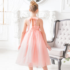 Girls Dress Pink Flower Lace Halter Princess Wedding Bridesmaid Tulle Size 6-12 Years