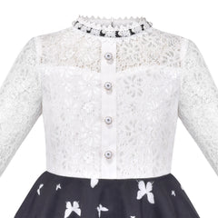 Girls Dress Black Lace Pearl Butterfly Elegant Princess Long Sleeve Size 7-14 Years