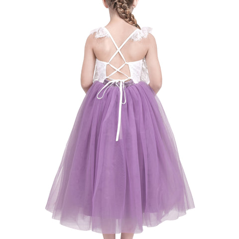 Girls Dress Purple Lace Tulle Sleeveless Hollow Back Party Pageant Size 5-10 Years