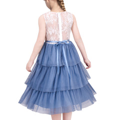 Girls Dress White Lace Blue Layered Ruffle Wedding Birthday Hollow Back Size 5-10 Years