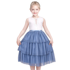 Girls Dress White Lace Blue Layered Ruffle Wedding Birthday Hollow Back Size 5-10 Years