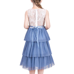 Girls Dress White Lace Blue Layered Ruffle Wedding Birthday Hollow Back Size 5-10 Years