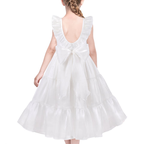 Flower Girls Dress White Long Tiered Midi Sleeveless Wedding Party Size 5-10 Years