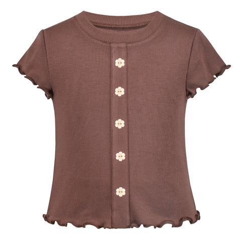 Girls T-shirt Crop Top Lettuce Trim Ribbed Knit Button Casual Size 4-10 Years