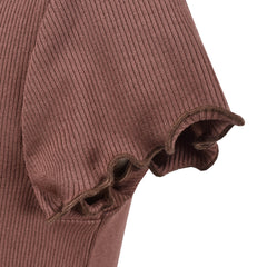 Girls T-shirt Crop Top Lettuce Trim Ribbed Knit Button Casual Size 4-10 Years