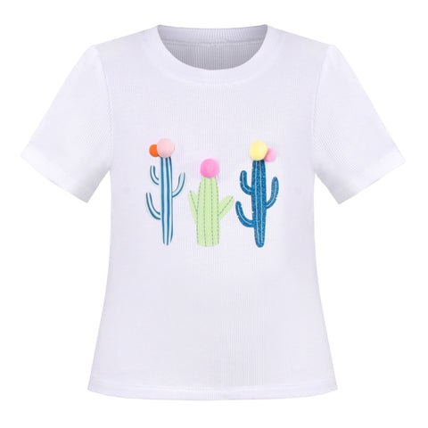 Girls T-shirt Crop Top White Ribbed Knit Cactus Basic Casual Short Sleeve Size 4-10 Years