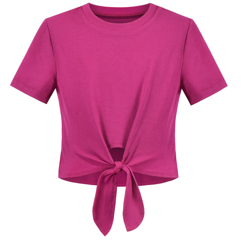 Girls T-shirt Crop Top Ribbed Knit Tie Knot Hem Basic Casual Short Size 4-10 Years