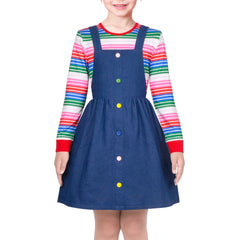 Girls Outfit Set 2 Piece Suspender Denim Button Striped Tee Size 4-12 Years