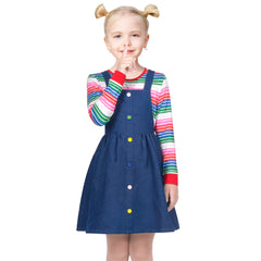 Girls Outfit Set 2 Piece Suspender Denim Button Striped Tee Size 4-12 Years