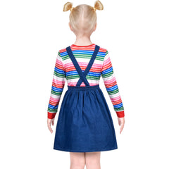 Girls Outfit Set 2 Piece Suspender Denim Button Striped Tee Size 4-12 Years