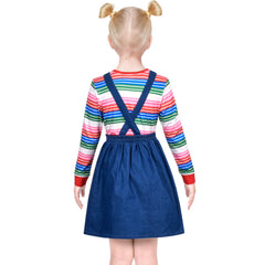 Girls Outfit Set 2 Piece Blue Suspender Denim Button Striped Tee Size 4-10 Years