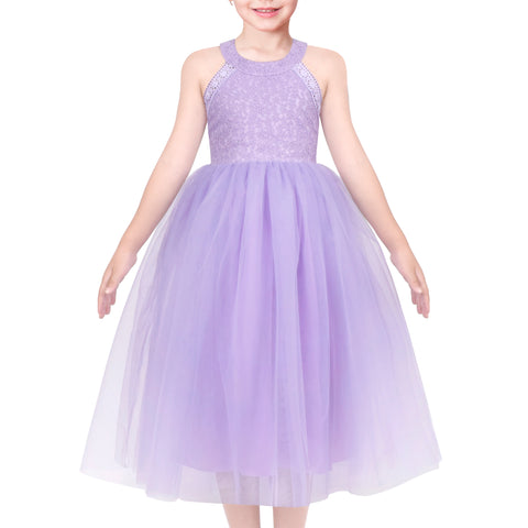 Girls Dress Purple Halter Neck Party Lace Tulle Elegant Sleeveless Size 6-12 Years