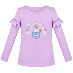 Girls Tee Purple Unicorn Magical Soft Cotton Ruffle Long Sleeve Casual Size 4-10 Years