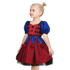 Girls Dress Red Blue Clown Check Heart Halloween Party Puff Sleeve Tulle Size 5-10 Years