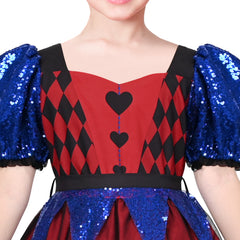 Girls Dress Red Blue Clown Check Heart Halloween Party Puff Sleeve Tulle Size 5-10 Years