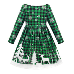 Girls Dress Green Christmas Snowflake Tree Long Sleeve Winter Holiday Size 5-10 Years