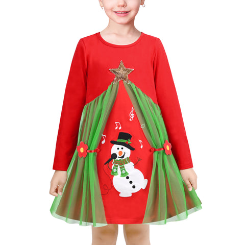 Girls Dress Red Green Snowman Star Tulle Christmas New Year Long Sleeve Size 4-8 Years