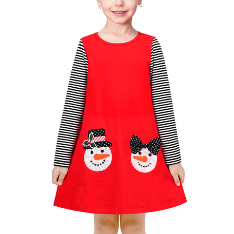Girls Dress Red Shirt Long Snowman Striped Christmas Casual Cotton Comfort Size 3-7 Years